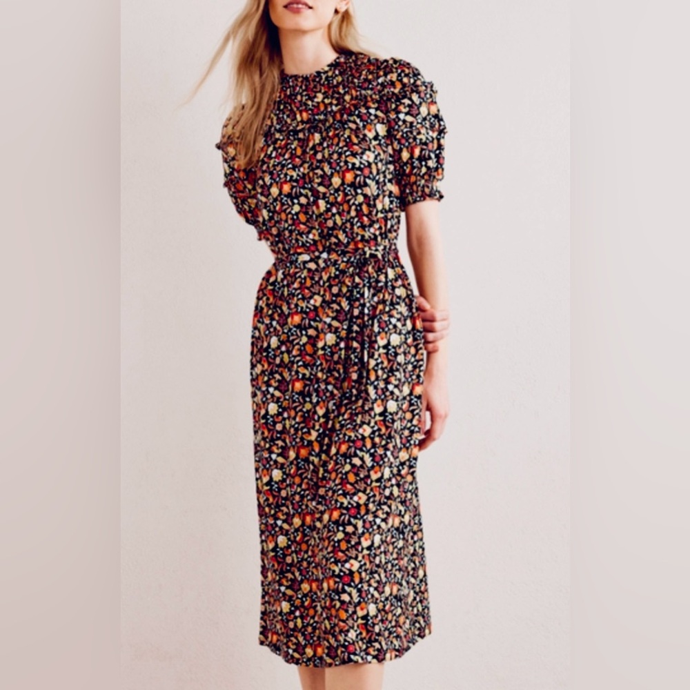 Max + Ash Black & Ditsy Floral High Necked Puff Sleeved Open Backed Midi Dress